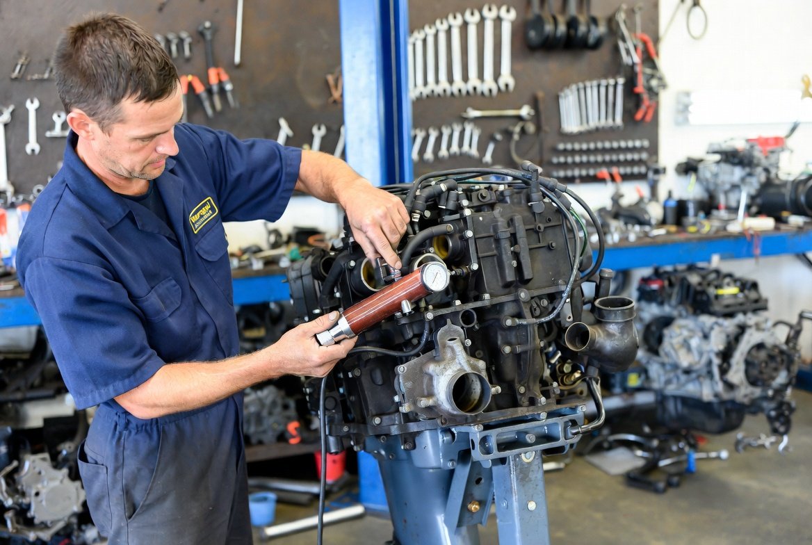 Bluey’s Engine Shop mechanic performing compression test on used outboard motor and JDM engines in Warragul Victoria workshop